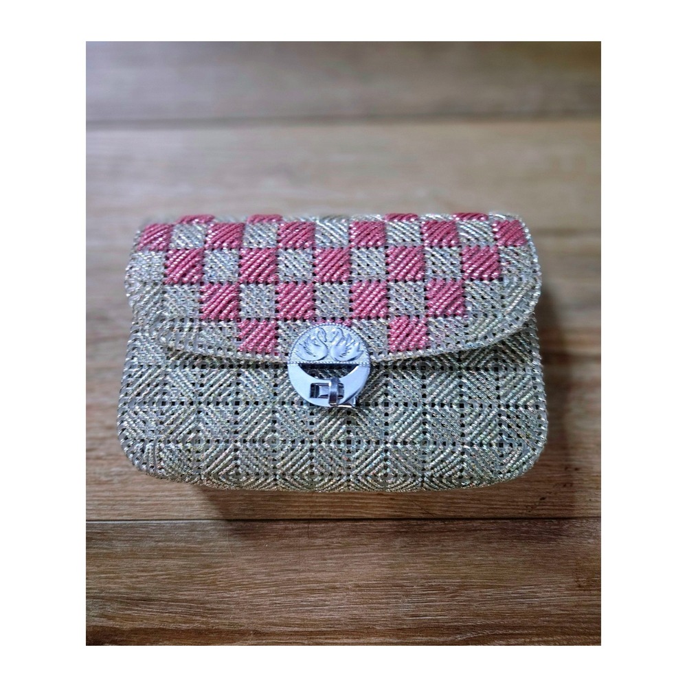 Vintage Handmade Plastic Canvas Needlepoint Clutch Bag with Metallic‎ Swan Clasp